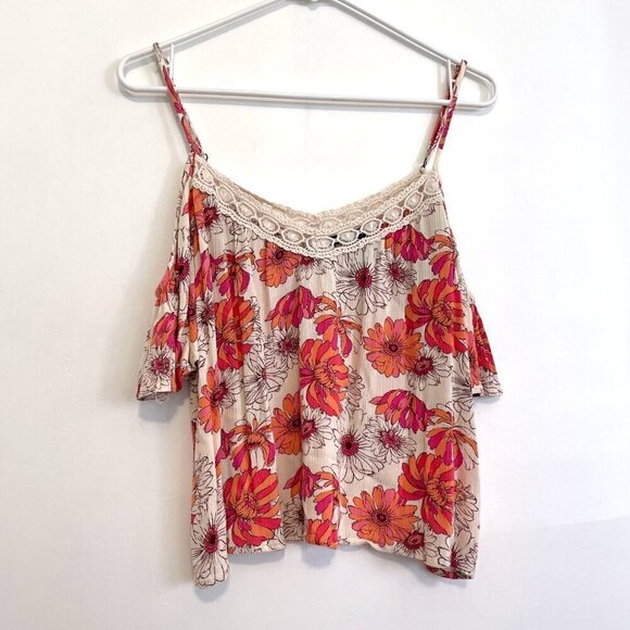 FOREVER 21 Cream Beige Pink Orange Floral Crochet Lace Cold Shoulder Crop Top M - Picture 1 of 11
